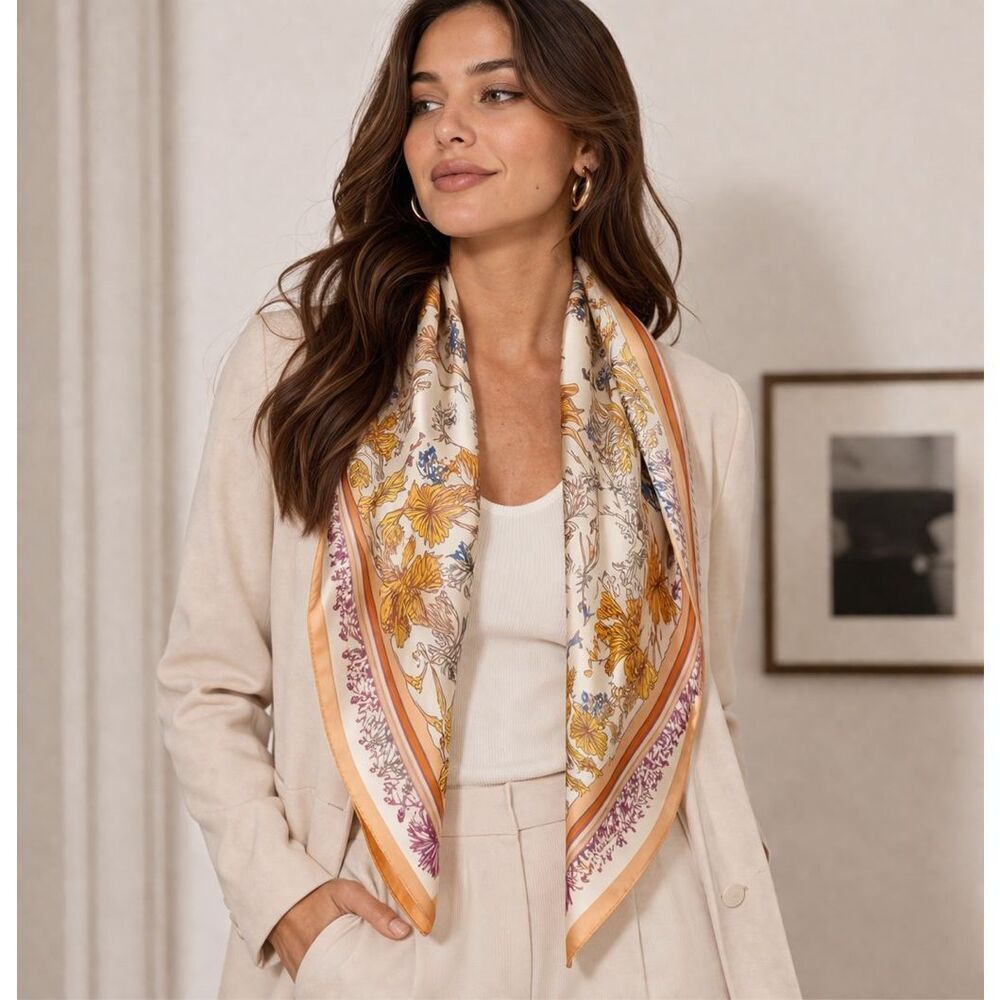 Luxury Floral Scarf Elegant Square Scarf Chic Neck Hair Bag Wrap Timeless 27x27”